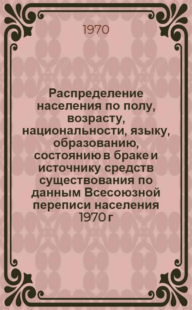 Распределение населения по полу, возрасту, национальности, языку, образованию, состоянию в браке и источнику средств существования по данным Всесоюзной переписи населения 1970 г : [Табл. 1-10] [1]-. [170] : По Днепропетровской области