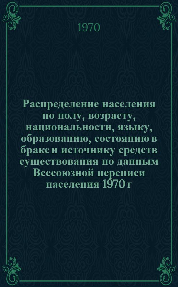 Распределение населения по полу, возрасту, национальности, языку, образованию, состоянию в браке и источнику средств существования по данным Всесоюзной переписи населения 1970 г : [Табл. 1-10] [1]-. [178] : По Пензенской области