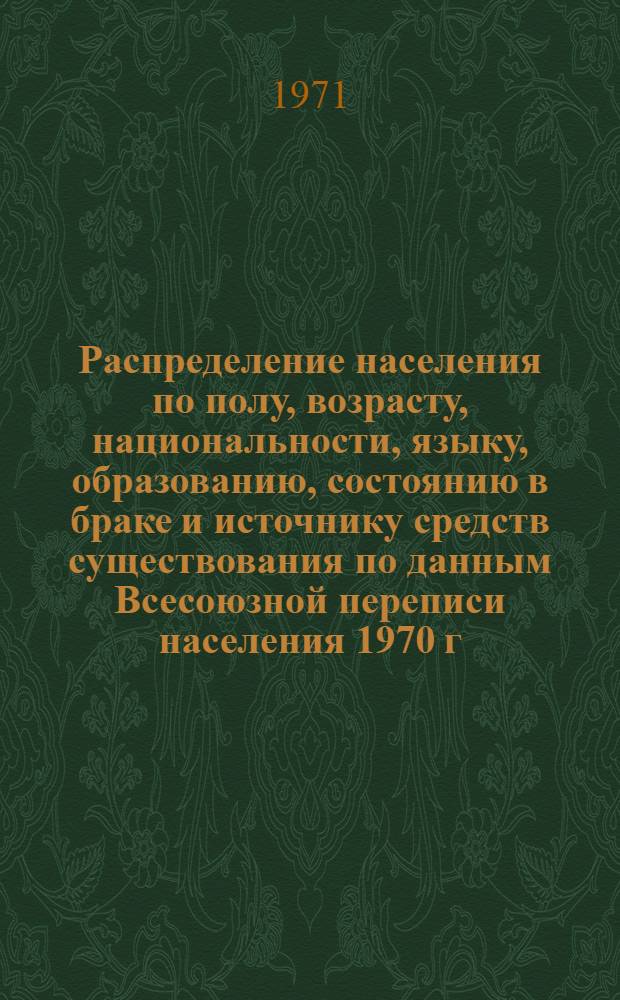 Распределение населения по полу, возрасту, национальности, языку, образованию, состоянию в браке и источнику средств существования по данным Всесоюзной переписи населения 1970 г. .. : (Таблицы 5с, 7с, 8с, 9с, 10с и 12с) [1]-. [15] : ... по г. Калинину