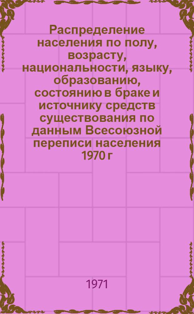 Распределение населения по полу, возрасту, национальности, языку, образованию, состоянию в браке и источнику средств существования по данным Всесоюзной переписи населения 1970 г. .. : (Таблицы 5с, 7с, 8с, 9с, 10с и 12с) [1]-. [70] : ... по г. Виннице