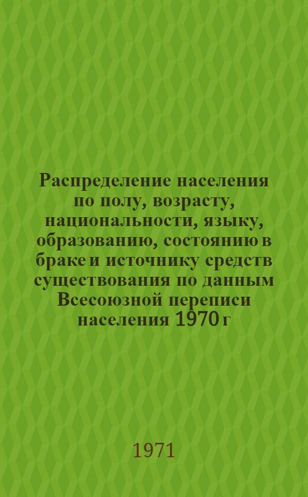 Распределение населения по полу, возрасту, национальности, языку, образованию, состоянию в браке и источнику средств существования по данным Всесоюзной переписи населения 1970 г. .. : (Таблицы 5с, 7с, 8с, 9с, 10с и 12с) [1]-. [79] : ... по г. Саранску