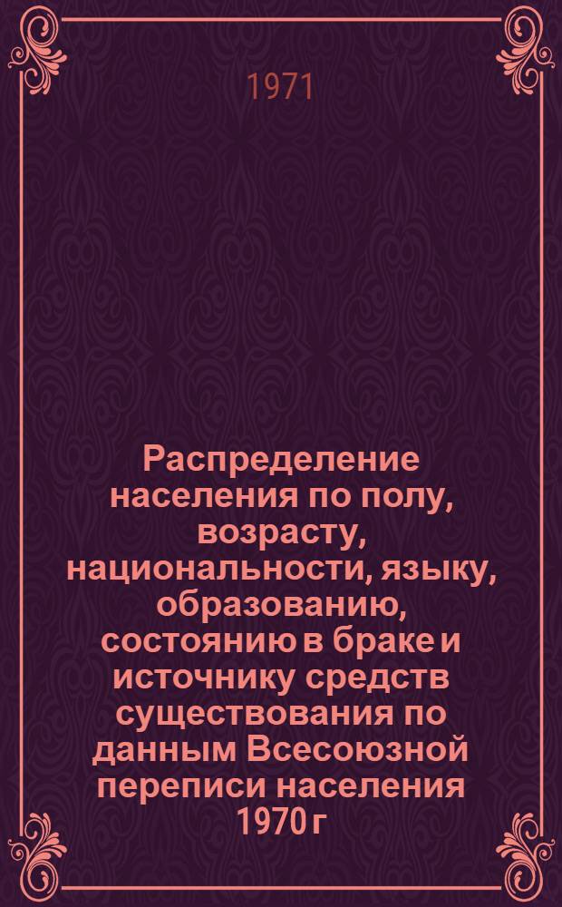 Распределение населения по полу, возрасту, национальности, языку, образованию, состоянию в браке и источнику средств существования по данным Всесоюзной переписи населения 1970 г. .. : (Таблицы 5с, 7с, 8с, 9с, 10с и 12с) [1]-. [89] : ... по г. Ленинграду