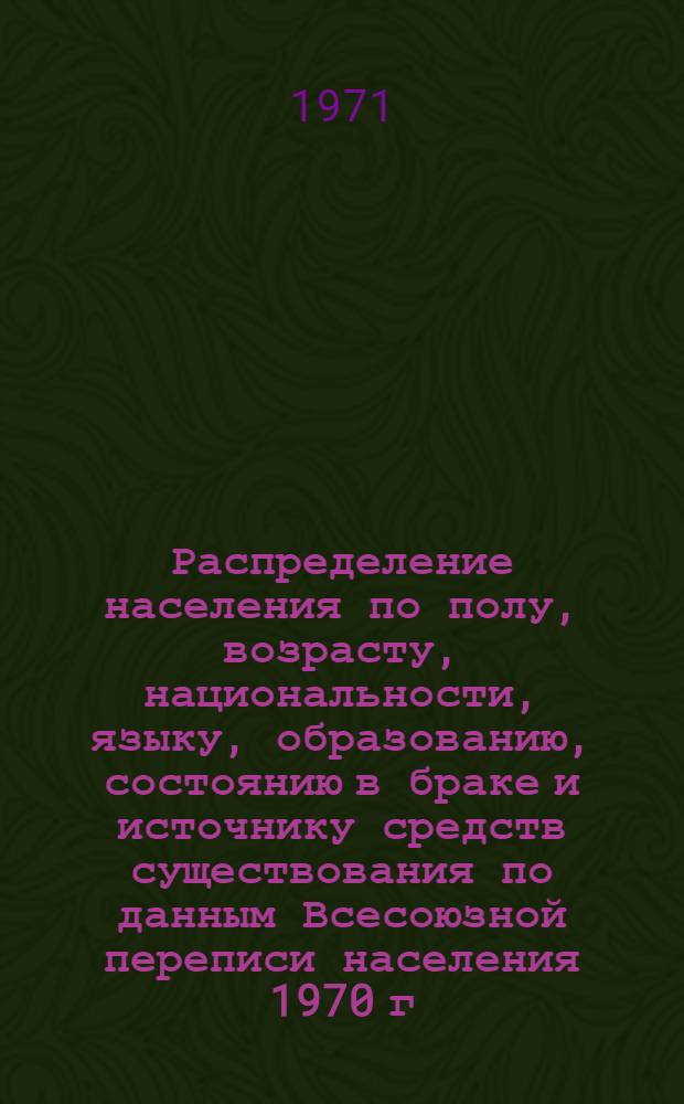 Распределение населения по полу, возрасту, национальности, языку, образованию, состоянию в браке и источнику средств существования по данным Всесоюзной переписи населения 1970 г. .. : (Таблицы 5с, 7с, 8с, 9с, 10с и 12с) [1]-. [109] : ... по г. Смоленску