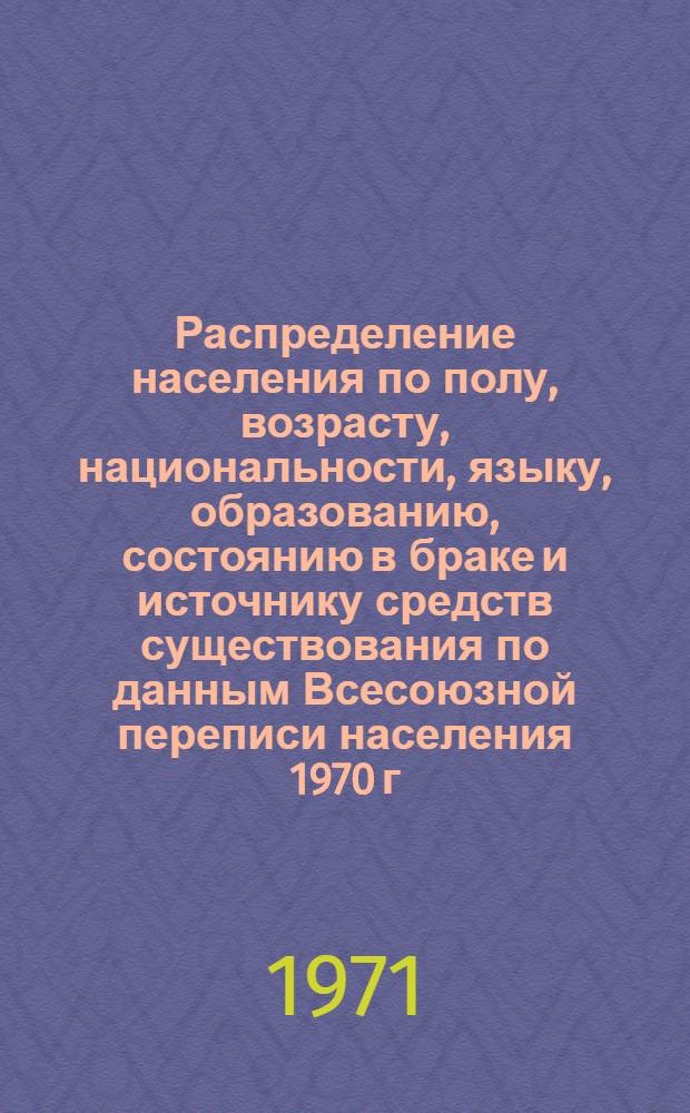 Распределение населения по полу, возрасту, национальности, языку, образованию, состоянию в браке и источнику средств существования по данным Всесоюзной переписи населения 1970 г. .. : (Таблицы 5с, 7с, 8с, 9с, 10с и 12с) [1]-. [159] : ... по Минской области