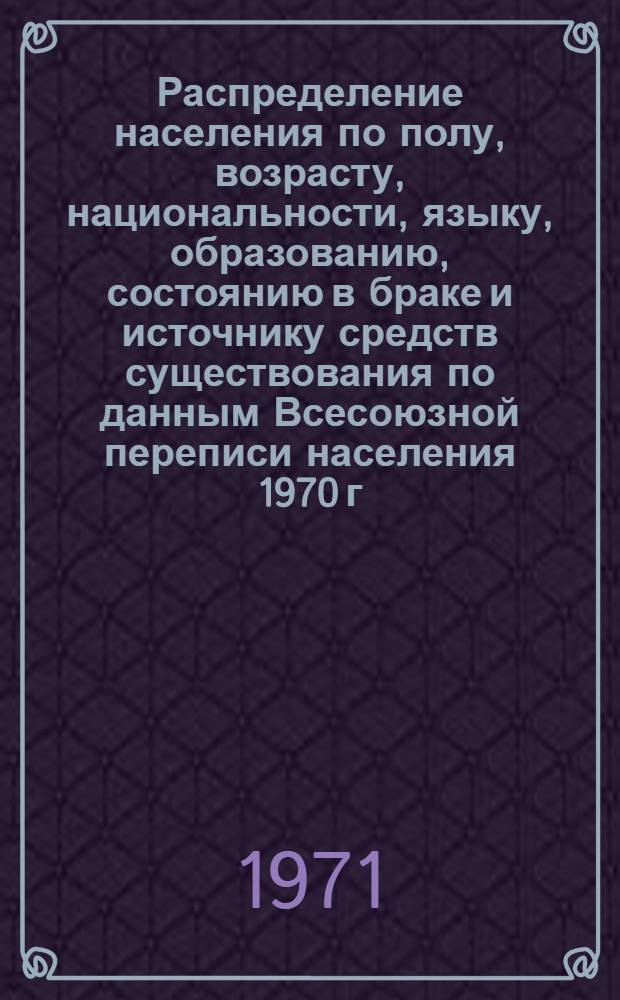 Распределение населения по полу, возрасту, национальности, языку, образованию, состоянию в браке и источнику средств существования по данным Всесоюзной переписи населения 1970 г. .. : (Таблицы 5с, 7с, 8с, 9с, 10с и 12с) [1]-. [163] : ... по г. Гулистану Сырдарьинской области