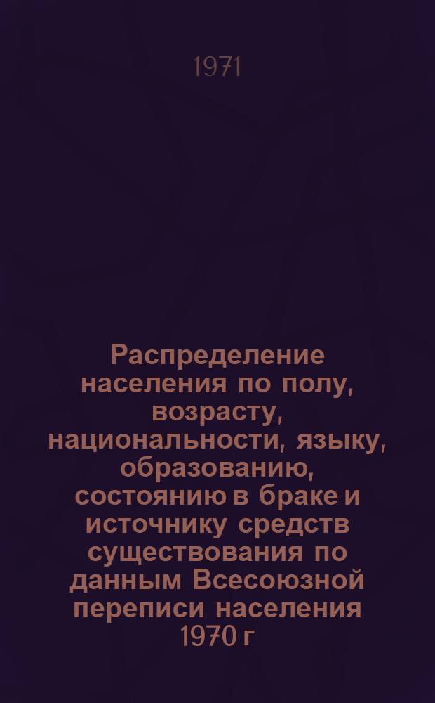 Распределение населения по полу, возрасту, национальности, языку, образованию, состоянию в браке и источнику средств существования по данным Всесоюзной переписи населения 1970 г. .. : (Таблицы 5с, 7с, 8с, 9с, 10с и 12с) [1]-. [173] : ... по г. Новомосковску Тульской области