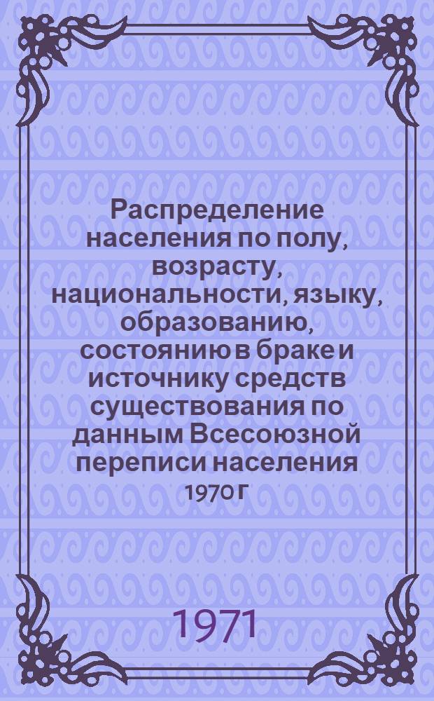 Распределение населения по полу, возрасту, национальности, языку, образованию, состоянию в браке и источнику средств существования по данным Всесоюзной переписи населения 1970 г. .. : (Таблицы 5с, 7с, 8с, 9с, 10с и 12с) [1]-. [177] : ... по г. Орехово-Зуеву Московской области