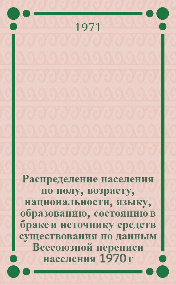 Распределение населения по полу, возрасту, национальности, языку, образованию, состоянию в браке и источнику средств существования по данным Всесоюзной переписи населения 1970 г. .. : (Таблицы 5с, 7с, 8с, 9с, 10с и 12с) [1]-. [206] : ... по г. Ижевску Удмуртской АССР
