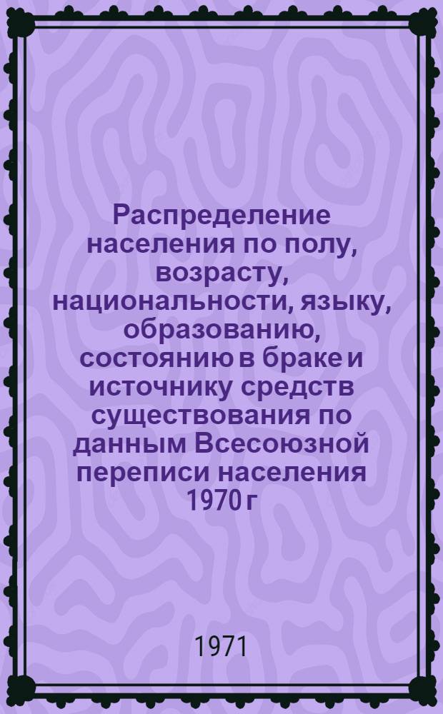Распределение населения по полу, возрасту, национальности, языку, образованию, состоянию в браке и источнику средств существования по данным Всесоюзной переписи населения 1970 г. .. : (Таблицы 5с, 7с, 8с, 9с, 10с и 12с) [1]-. [228] : ... по Горьковской области
