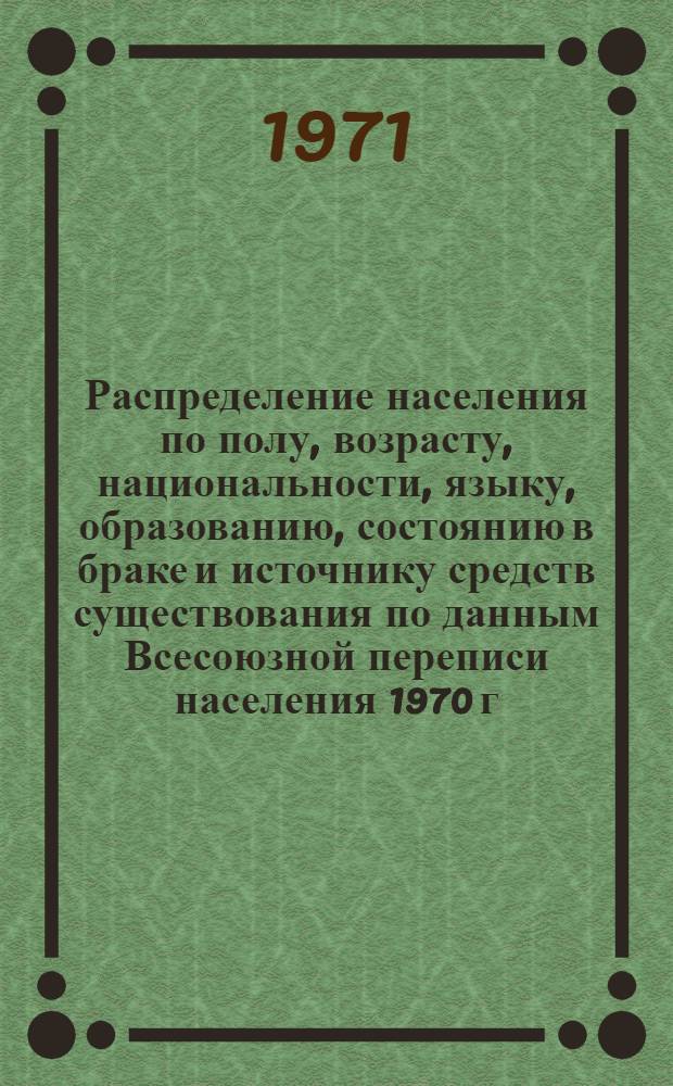 Распределение населения по полу, возрасту, национальности, языку, образованию, состоянию в браке и источнику средств существования по данным Всесоюзной переписи населения 1970 г. .. : (Таблицы 5с, 7с, 8с, 9с, 10с и 12с) [1]-. [234] : ... по Витебской области