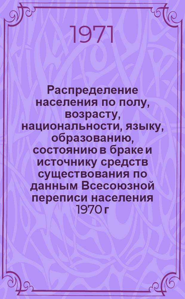 Распределение населения по полу, возрасту, национальности, языку, образованию, состоянию в браке и источнику средств существования по данным Всесоюзной переписи населения 1970 г. .. : (Таблицы 5с, 7с, 8с, 9с, 10с и 12с) [1]-. [245] : ... по Ленинградскому горсовету