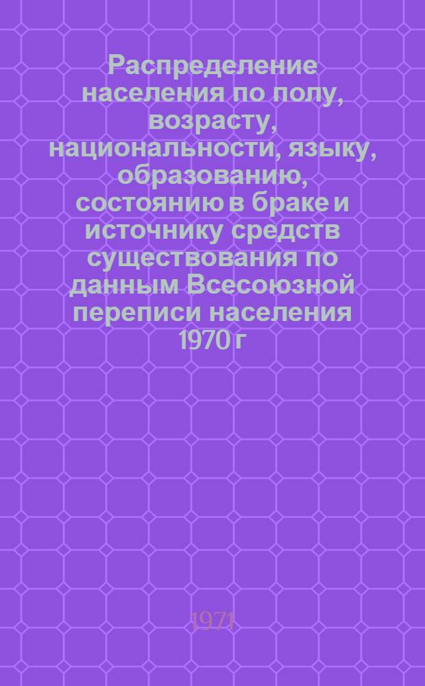 Распределение населения по полу, возрасту, национальности, языку, образованию, состоянию в браке и источнику средств существования по данным Всесоюзной переписи населения 1970 г. .. : (Таблицы 5с, 7с, 8с, 9с, 10с и 12с) [1]-. [311] : ... по Московскому горсовету