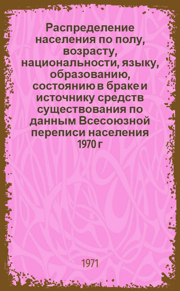 Распределение населения по полу, возрасту, национальности, языку, образованию, состоянию в браке и источнику средств существования по данным Всесоюзной переписи населения 1970 г. .. : (Таблицы 5с, 7с, 8с, 9с, 10с и 12с) [1]-. [345] : ... по г. Киселевску Кемеровской области