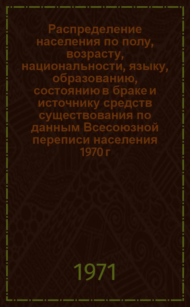 Распределение населения по полу, возрасту, национальности, языку, образованию, состоянию в браке и источнику средств существования по данным Всесоюзной переписи населения 1970 г. .. : (Таблицы 5с, 7с, 8с, 9с, 10с и 12с) [1]-. [347] : ... по Московской области