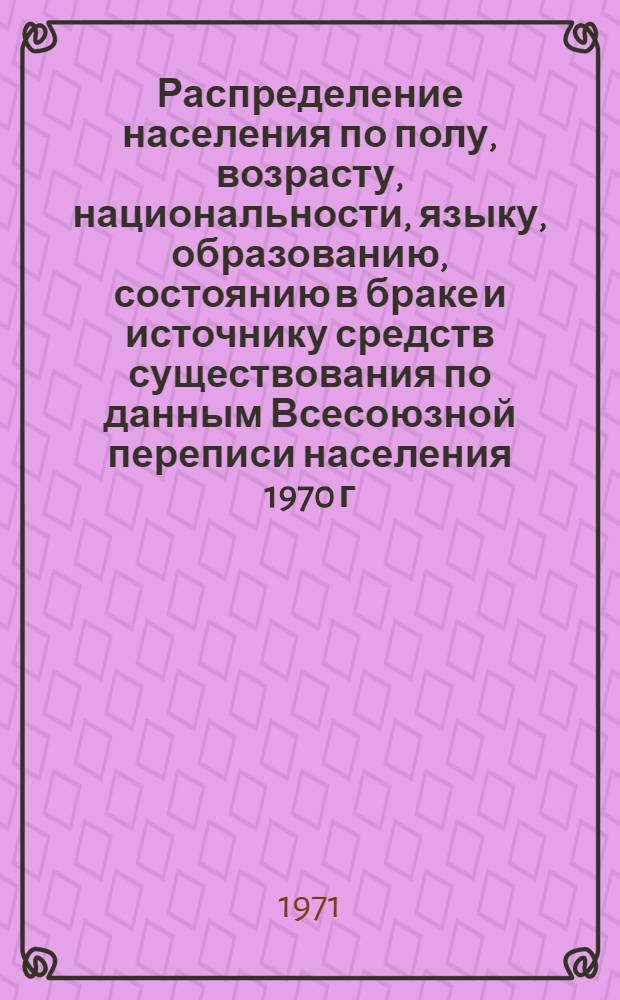 Распределение населения по полу, возрасту, национальности, языку, образованию, состоянию в браке и источнику средств существования по данным Всесоюзной переписи населения 1970 г. .. : (Таблицы 5с, 7с, 8с, 9с, 10с и 12с) [1]-. [358] : ... по Нагорно-Карабахской а. о. Азербайджанской ССР