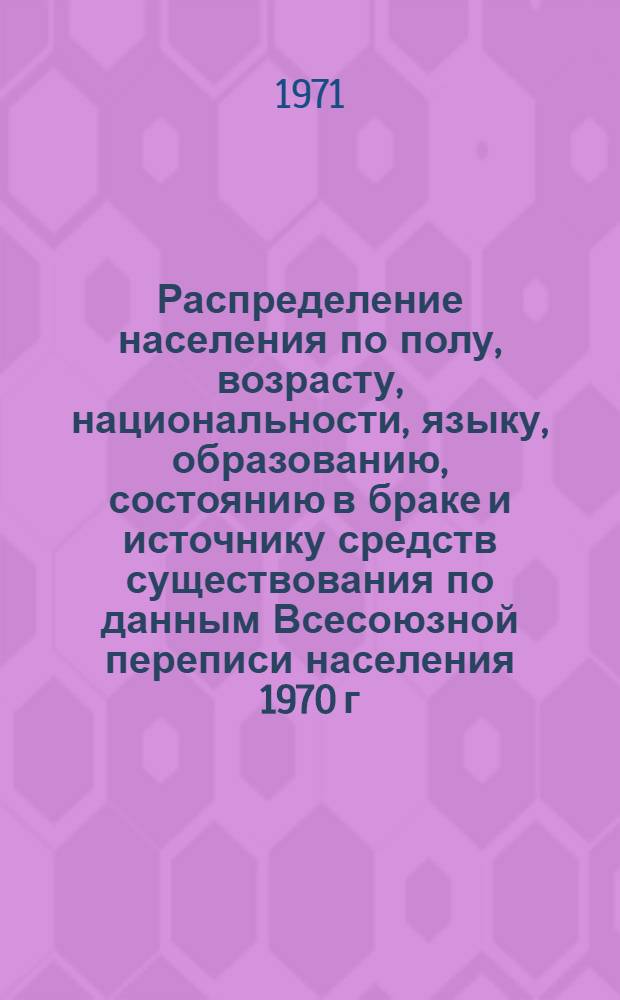 Распределение населения по полу, возрасту, национальности, языку, образованию, состоянию в браке и источнику средств существования по данным Всесоюзной переписи населения 1970 г. .. : (Таблицы 5с, 7с, 8с, 9с, 10с и 12с) [1]-. [371] : ... по г. Нальчику Кабардино-Балкарской АССР