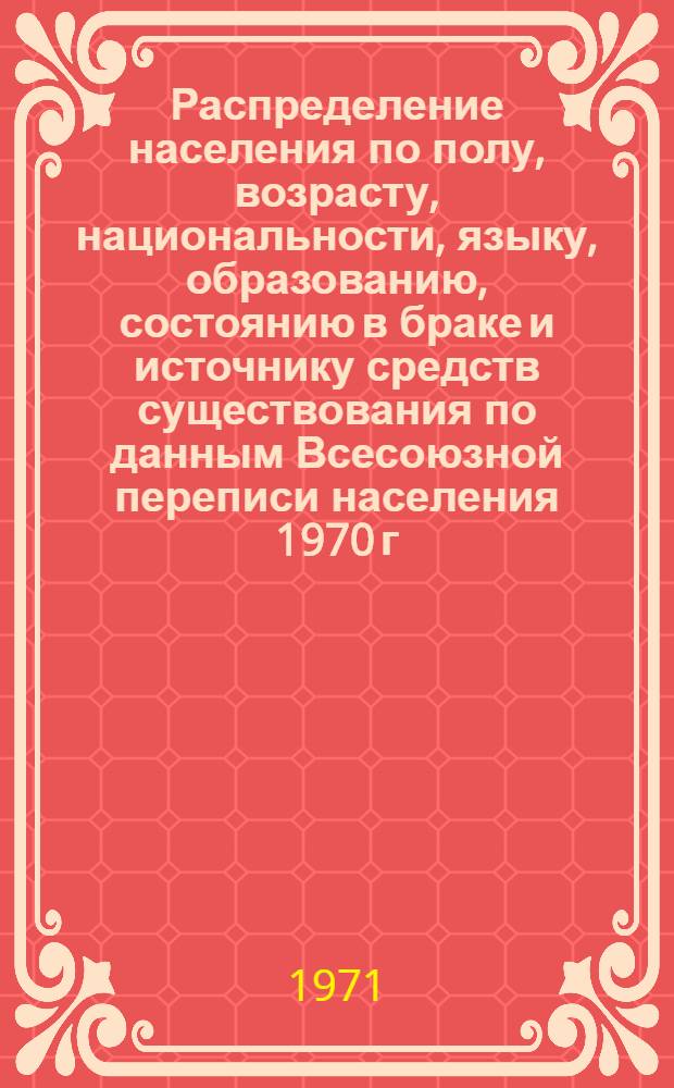 Распределение населения по полу, возрасту, национальности, языку, образованию, состоянию в браке и источнику средств существования по данным Всесоюзной переписи населения 1970 г. .. : (Таблицы 5с, 7с, 8с, 9с, 10с и 12с) [1]-. [424] : ...по районам республиканского подчинения Таджикской ССР
