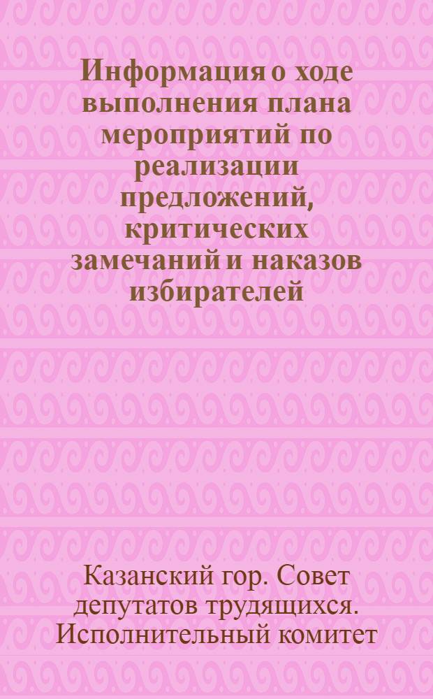 Информация о ходе выполнения плана мероприятий по реализации предложений, критических замечаний и наказов избирателей : (Справочный материал для депутатов)