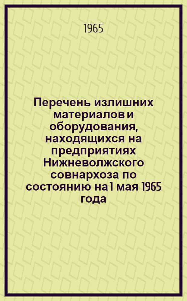 Перечень излишних материалов и оборудования, находящихся на предприятиях Нижневолжского совнархоза по состоянию на 1 мая 1965 года