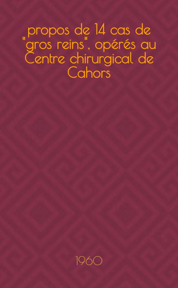 À propos de 14 cas de "gros reins", opérés au Centre chirurgical de Cahors : Considérations sur le problème de la voie d'abord : Thèse ..