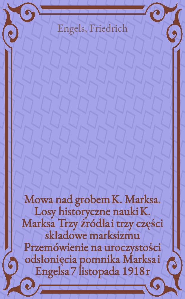 Mowa nad grobem K. Marksa. Losy historyczne nauki K. Marksa Trzy źródła i trzy części składowe marksizmu Przemówienie na uroczystości odsłonięcia pomnika Marksa i Engelsa 7 listopada 1918 r. Marksizm a rewizjonizm Imperializm a rozłam w socjalizmie. Lenin jako organizator i wódz PKP Z Rozmowy z pierwszą amerykańską delegacją robotnicą = Похороны К. Маркса