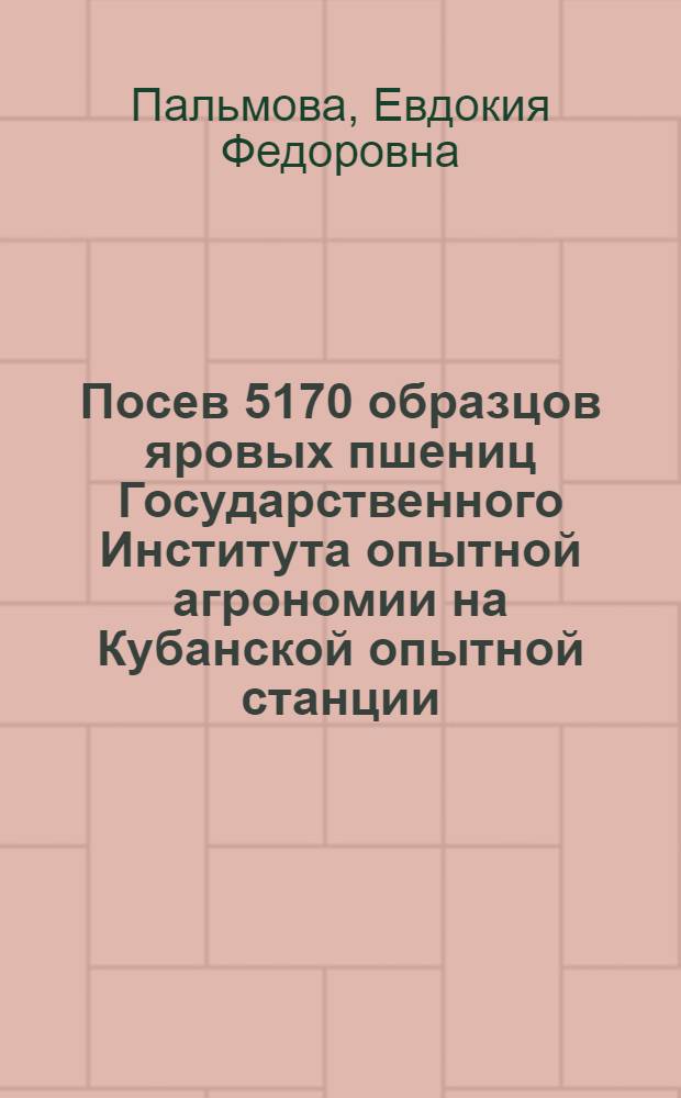 Посев 5170 образцов яровых пшениц Государственного Института опытной агрономии на Кубанской опытной станции