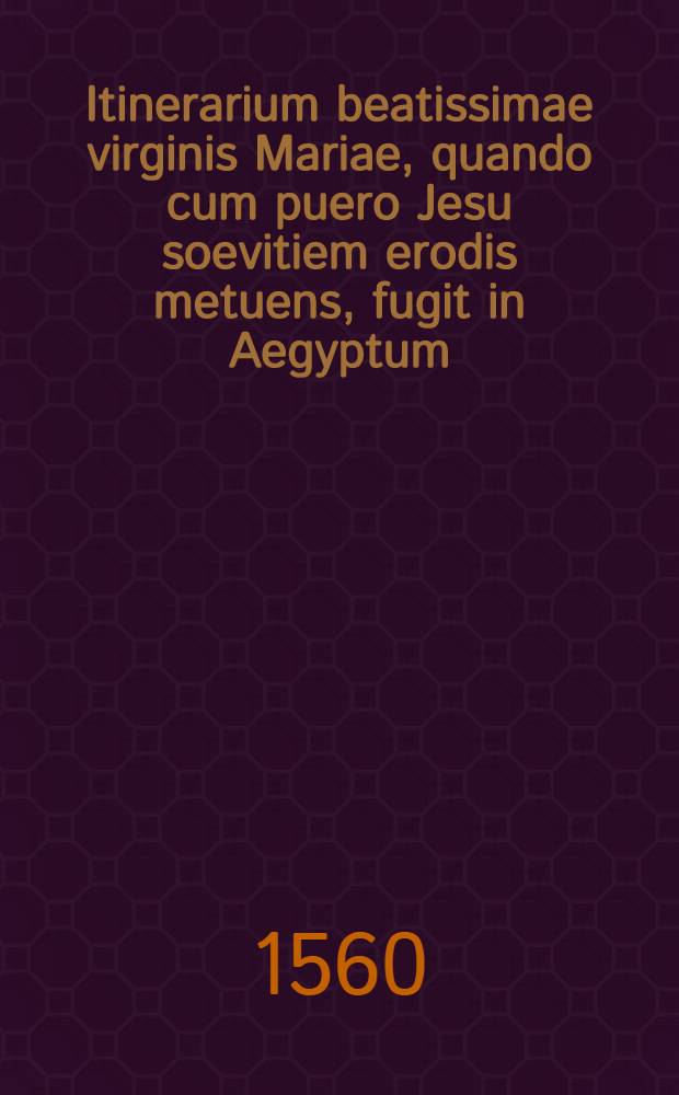 Itinerarium beatissimae virginis Mariae, quando cum puero Jesu soevitiem erodis metuens, fugit in Aegyptum: hactenus per tot secula, nempe post Christum natum, à nemine tentatum neque descriptum