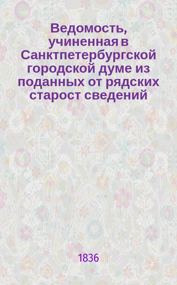 Ведомость, учиненная в Санктпетербургской городской думе из поданных от рядских старост сведений, по каким ценам покупались разные нужнейшие припасы российские в Санктпетербурге на пристанях, площадях и в рынке, в неделю... [... с 3 января 1836 г. по 20 ноября 1836 г.]