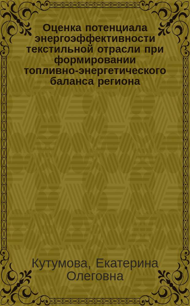 Оценка потенциала энергоэффективности текстильной отрасли при формировании топливно-энергетического баланса региона : автореферат диссертации на соискание ученой степени кандидата экономических наук : специальность 08.00.05 <Экономика и управление народным хозяйством по отраслям и сферам деятельности>