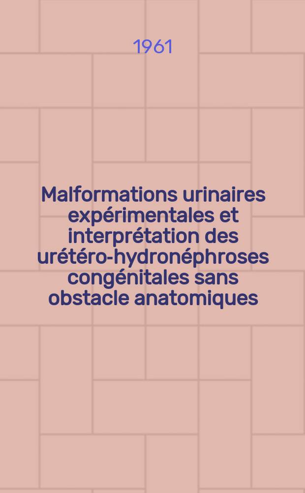 Malformations urinaires expérimentales et interprétation des urétéro-hydronéphroses congénitales sans obstacle anatomiques : Thèse ..