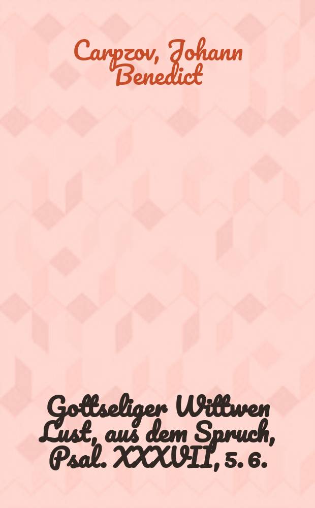 Gottseliger Wittwen Lust, aus dem Spruch, Psal. XXXVII, 5. 6. (Habe deine Lust am Herrn, der wird &c.) bey Christlicher Leich-bestattung der ... Matron, Frauen Reginen, gebohrner Rudloffin, des weiland ... Hn. Gottfried Christian Bosens, der H. Schrifft f&uuml;rnehmen Doctoris und treuen Predigers an der Kirchen zu S. Thomas in Leipzig sel hinterlassenen Fr. Wittwen, in damahliger Leich-Predigt, den 8. Novembr. Anno 1680. in der Pauliner Kirchen vorgestellet
