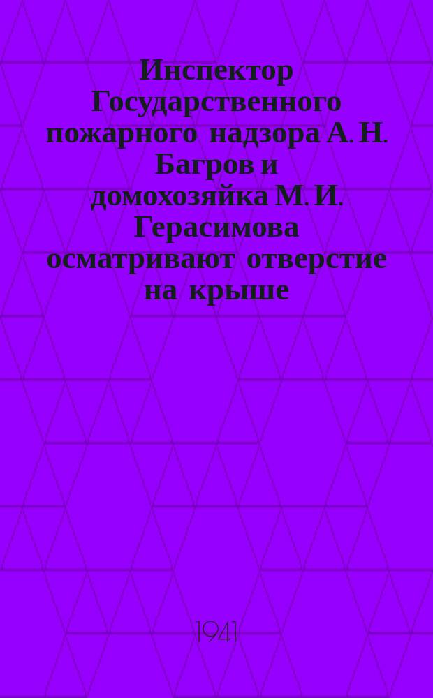 Инспектор Государственного пожарного надзора А. Н. Багров и домохозяйка М. И. Герасимова осматривают отверстие на крыше, пробитое зажигательной бомбой, сброшенной над Ленинградом 8 сентября 1941 г. и потушенной М. И. Герасимовой : фотография