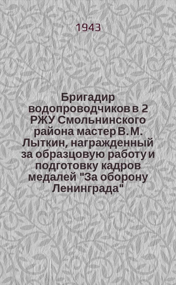 Бригадир водопроводчиков в 2 РЖУ Смольнинского района мастер В. М. Лыткин, награжденный за образцовую работу и подготовку кадров медалей "За оборону Ленинграда", со своей бригадой работает в домохозяйстве № 280 Смольнинского района. 19 июля 1943 г. : фотография