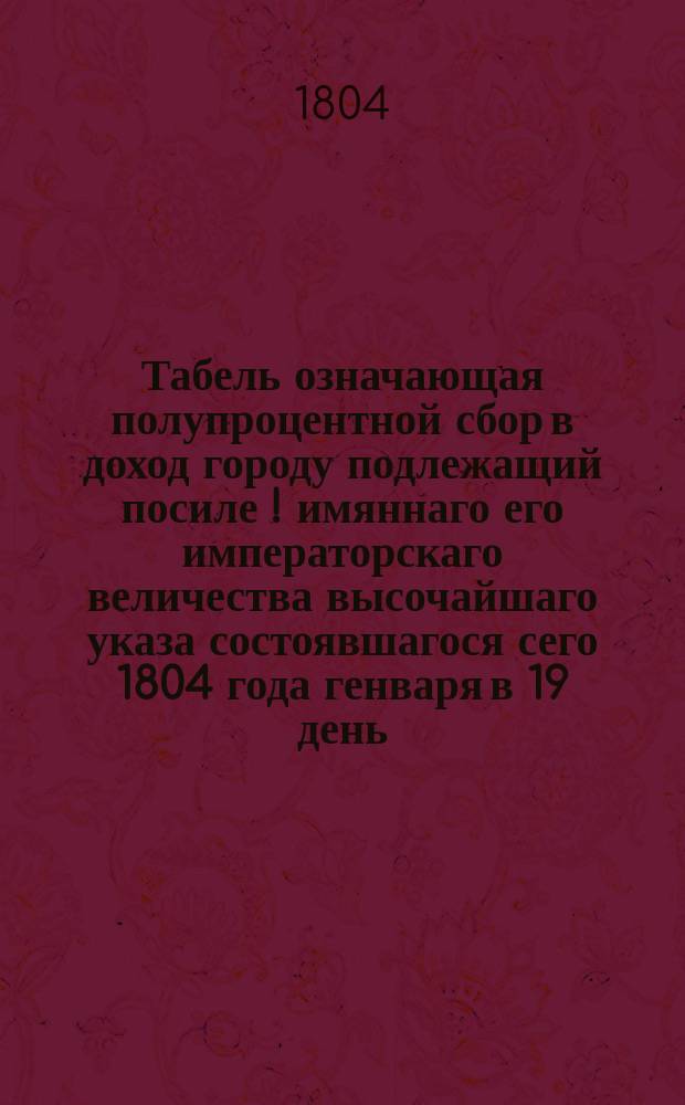 [Табель означающая полупроцентной сбор в доход городу подлежащий посиле [!] имяннаго его императорскаго величества высочайшаго указа состоявшагося сего 1804 года генваря в 19 день, с оценки произведенной городскаго общества гласными депутатами и старостами обывательских дворов и мест]