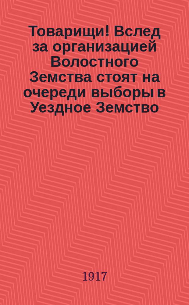 Товарищи! Вслед за организацией Волостного Земства стоят на очереди выборы в Уездное Земство... : листовка