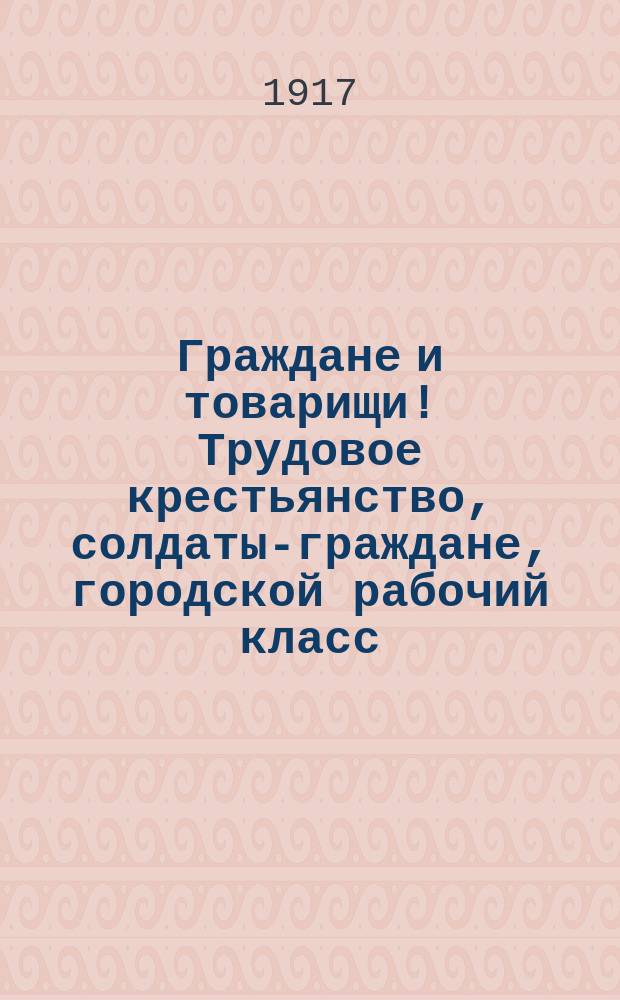 Граждане и товарищи! Трудовое крестьянство, солдаты-граждане, городской рабочий класс, служащие в торгово-промышленных и др. предприятиях и трудовая интеллигенция, - вы составляете вместе трудовой народ. Для защиты своих прав и устроения жизни на началах свободы, равенства и братства, вы должны объединиться... : листовка