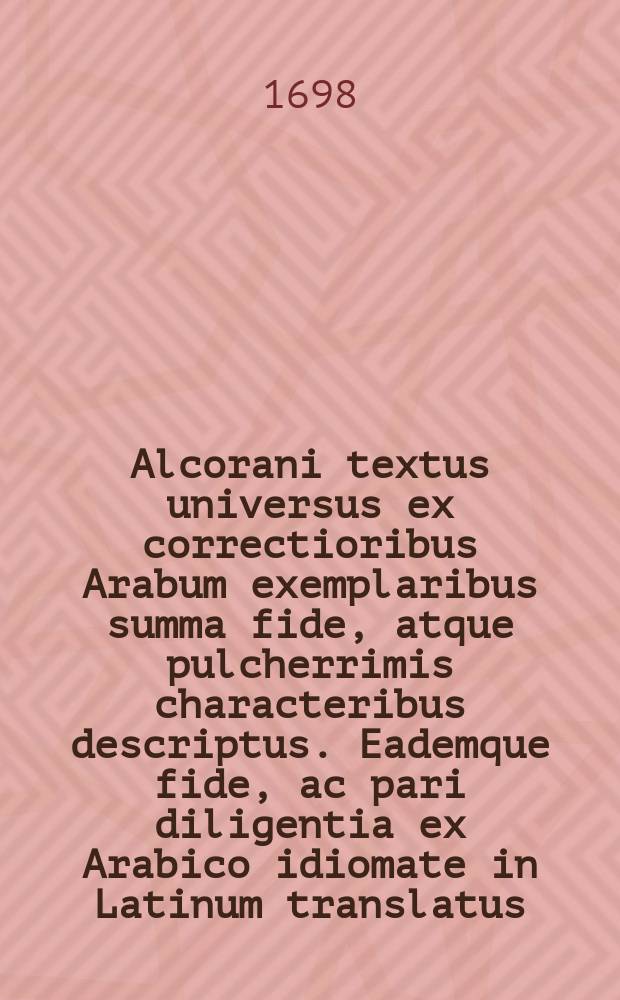 Alcorani textus universus ex correctioribus Arabum exemplaribus summa fide, atque pulcherrimis characteribus descriptus. Eademque fide, ac pari diligentia ex Arabico idiomate in Latinum translatus; appositis unicuique capiti notis, atque refutatione: his omnibus praemissus est Prodromus totum priorem tomum implens, in quo contenta indicantur pagina sequenti. [T. 1] : Prodromus ad refutationem Alcorani, in quo Mahumetis vita, ac res gestae ex probatissimis apud Arabes scriptoribus collectae referuntur.