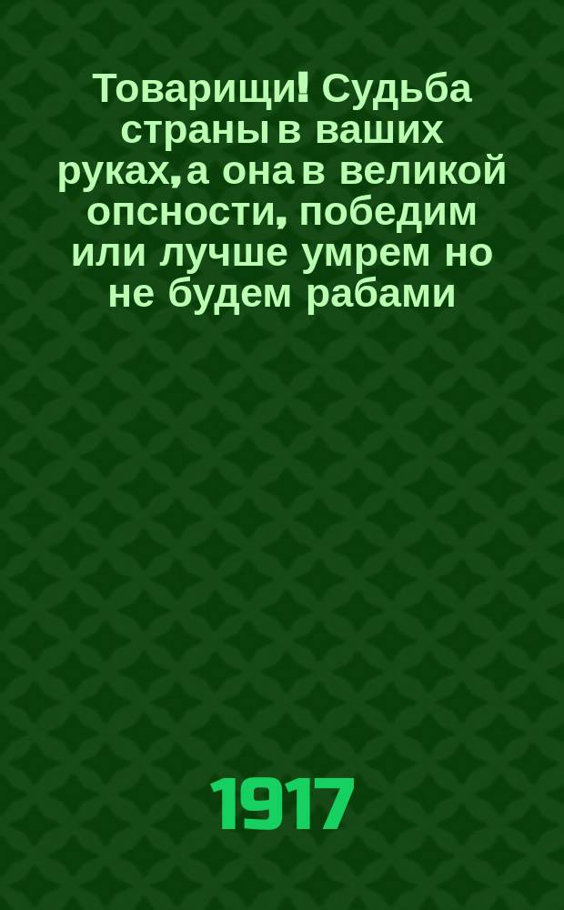 Товарищи! Судьба страны в ваших руках, а она в великой опсности, победим или лучше умрем но не будем рабами : речь А.Ф. Керенского : листовка