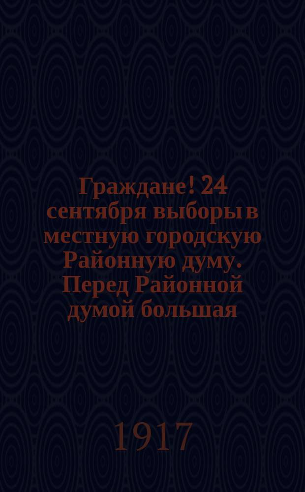 Граждане! 24 сентября выборы в местную городскую Районную думу. Перед Районной думой большая, ответственная и чисто деловая работа : листовка