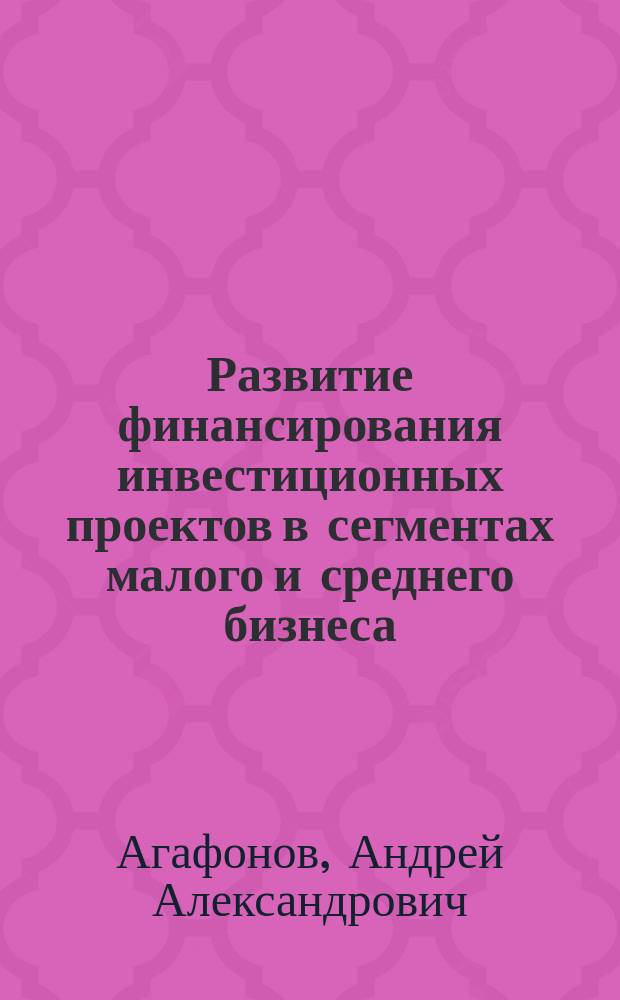 Развитие финансирования инвестиционных проектов в сегментах малого и среднего бизнеса : автореферат дис. на соиск. уч. степ. кандидата экономических наук : специальность 08.00.10 <Финансы, денежное обращение и кредит>