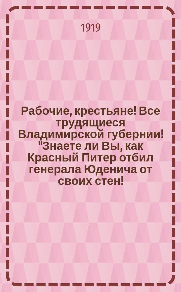 Рабочие, крестьяне! Все трудящиеся Владимирской губернии! "Знаете ли Вы, как Красный Питер отбил генерала Юденича от своих стен!.." : листовка